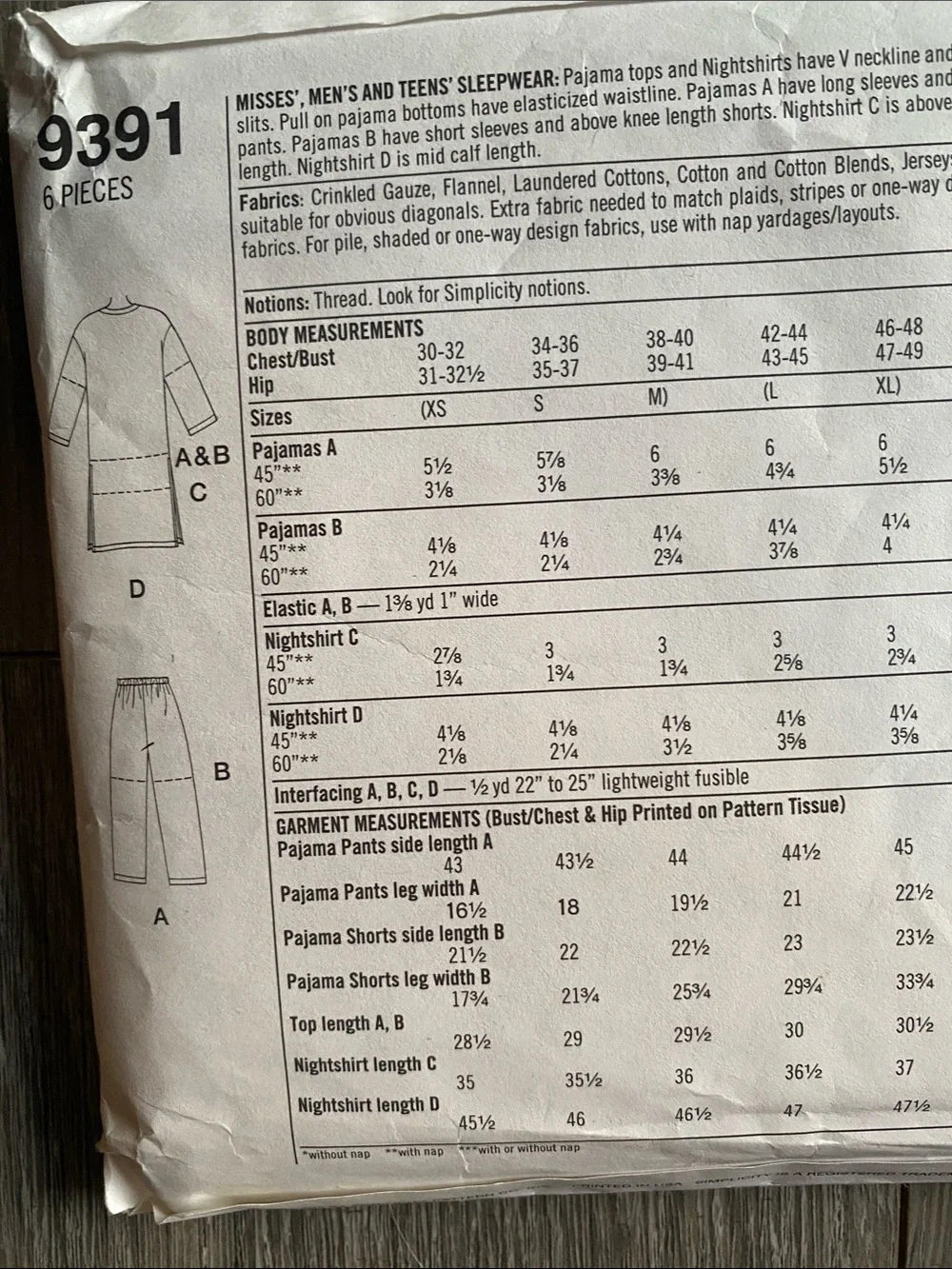 Simplicity Sewing Pattern 9391 One Hour Sleepwear L/XL